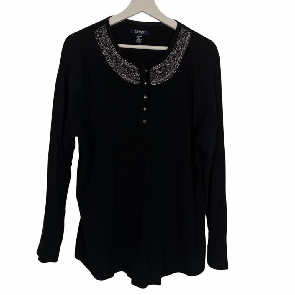 CHAPS Women’s 2X Black Bead Embellished Henley Long Sleeve Top